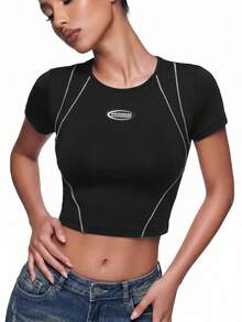 SHEIN ICON Letter Patched Detail Contrast Piping Crop Tee - Black - View 10
