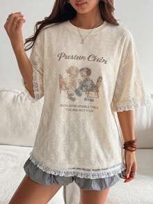DAZY Women's Loose Slogan & Cartoon Print Round Neck Drop Shoulder T-Shirt Graphic Tees Women - Apricot - View 7