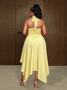 Maweii Women's Plus Size Elegant Pale Yellow Solid Color Fabric Halter Neck Design Ruched Chest Design Deep Shirred Back Tie Bow Backless Design Back Gathered Elastic Band Asymmetric Hem Design Yellow Dress Fashion Versatile Outing Party Gathering Night Date - Pale Yellow - View 6