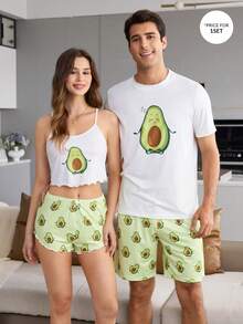 CoupledUp Set Piyama Pria Lengan Pendek Motif Kartun Alpukat Lucu - Hijau - View 7
