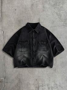 AXEPEAK Men's Washed Denim Jacket With Vintage Color-Block Design And Chinese Style Frog Buttons - Black - View 7