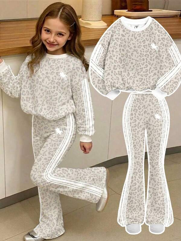 Ensemble 2 pièces sweat-shirt à col rond manches longues et pantalon évasé pour jeune fille, imprimé léopard doux vintage et imprimé rayé sportif chevalier blanc, style décontracté minimaliste ample, adapté à l'automne/hiver, style rétro de rue, confortable et relax, superpositions d'automne pour enfants, Y2K, ensemble de vêtements de sport
