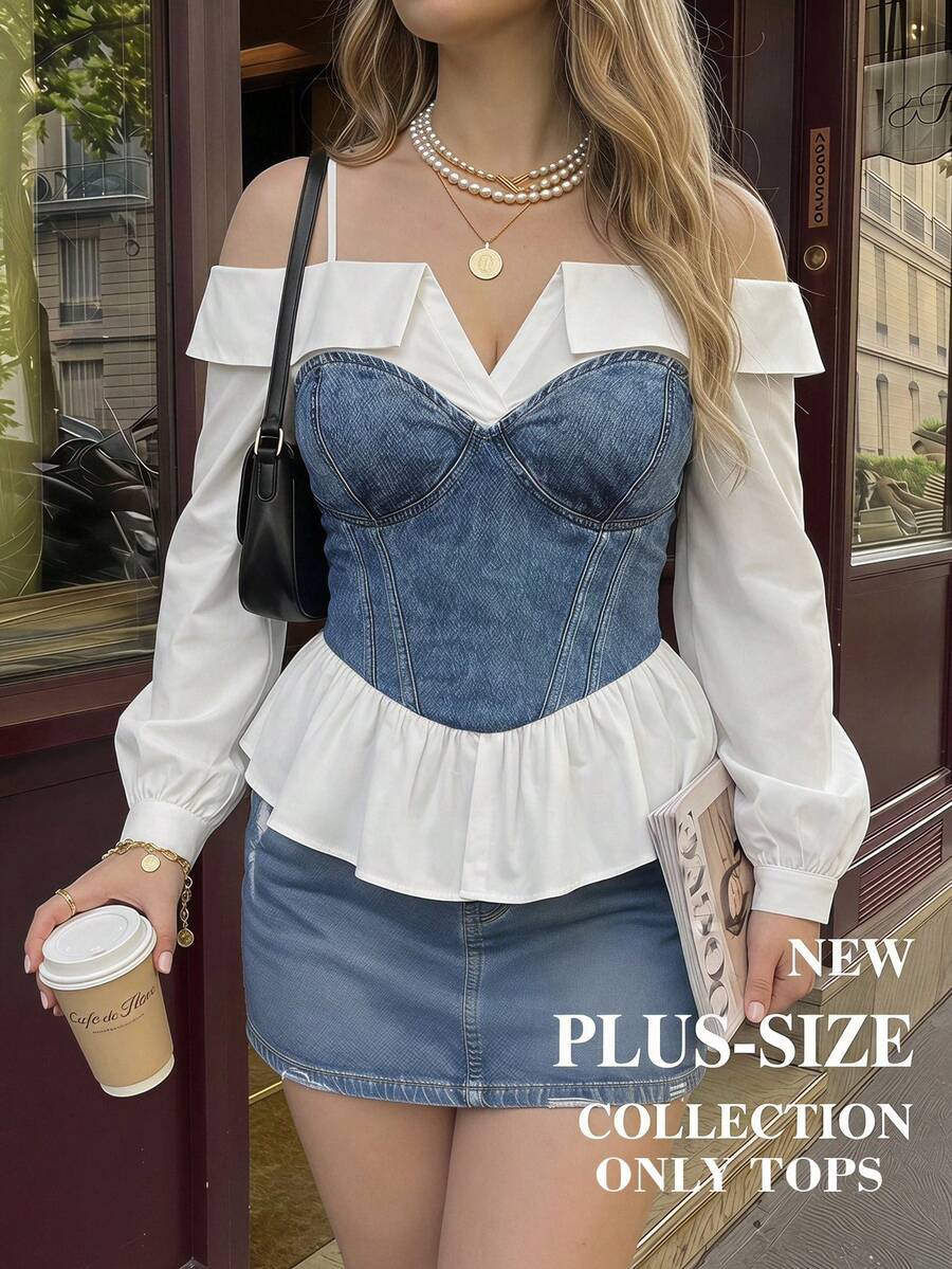 SHEIN MOD Plus Size Autumn/Winter Faux Two Pieces Off-Shoulder Blouse, Elegant Daily Wear, Young Lady, Office Outfit, Urban Chic Fall - Blue and White - View 1
