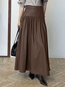 DAZY Women's PU Leather Casual Long Skirt - Brown - View 2