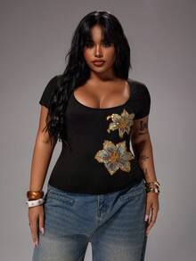 Rustia Plus Size Women's Floral Sequin Short Sleeve Fitted Casual T-Shirt - Black - View 5