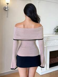 Modelyn 女款綁帶喇叭袖露肩拼接色毛衣 - 粉色 - 查看 2