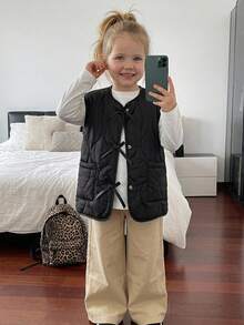 DAZY Young Girl Solid Color Bowknot Decor Zipper Casual Versatile Winter Cotton Padded Vest Fall - Black - View 5