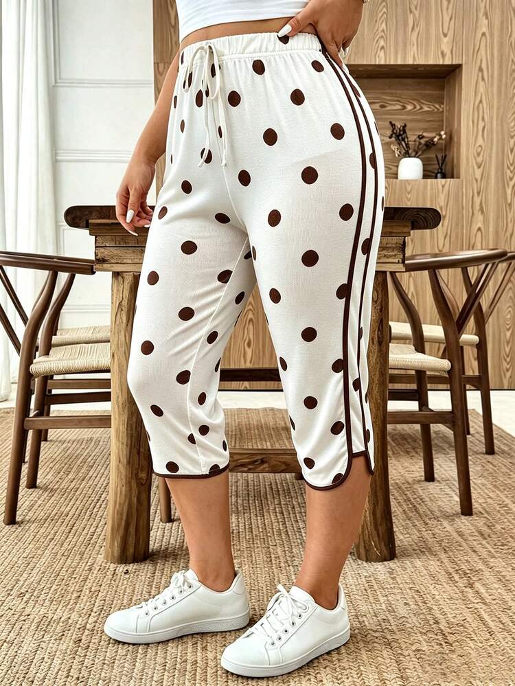 EMERY ROSE Plus Size Women's Casual 90s Vintage Sweet Style Bowknot Side Stripe Polka Dot Element Long Pants Homewear Formal Beige Summer Formal Vacation - Multicolor - View 4