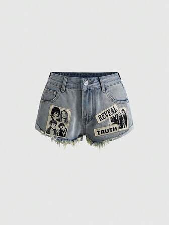 Y2K Pantaloncini in denim da donna vintage street con effetto consumato, strappi, patchwork e ricami