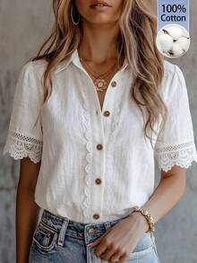 Solivie Women's Elegant French White Short Sleeve Shirt, Summer Office Work Casual Boho Lace Trim Button Down Blouse, Retro Single-Breasted Versatile Top - White - View 2