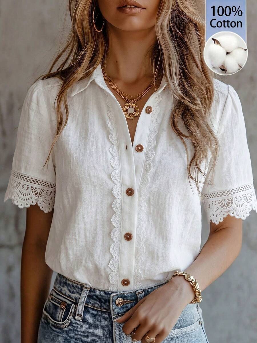 Solivie Women's Elegant French White Short Sleeve Shirt, Summer Office Work Casual Boho Lace Trim Button Down Blouse, Retro Single-Breasted Versatile Top