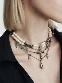MortiRose A Fashionable Light Luxury Versatile Casual Goth Punk Spice Girl Design Feeling Water Drop Cross Multi-Layer Necklace - Gun Black - View 1
