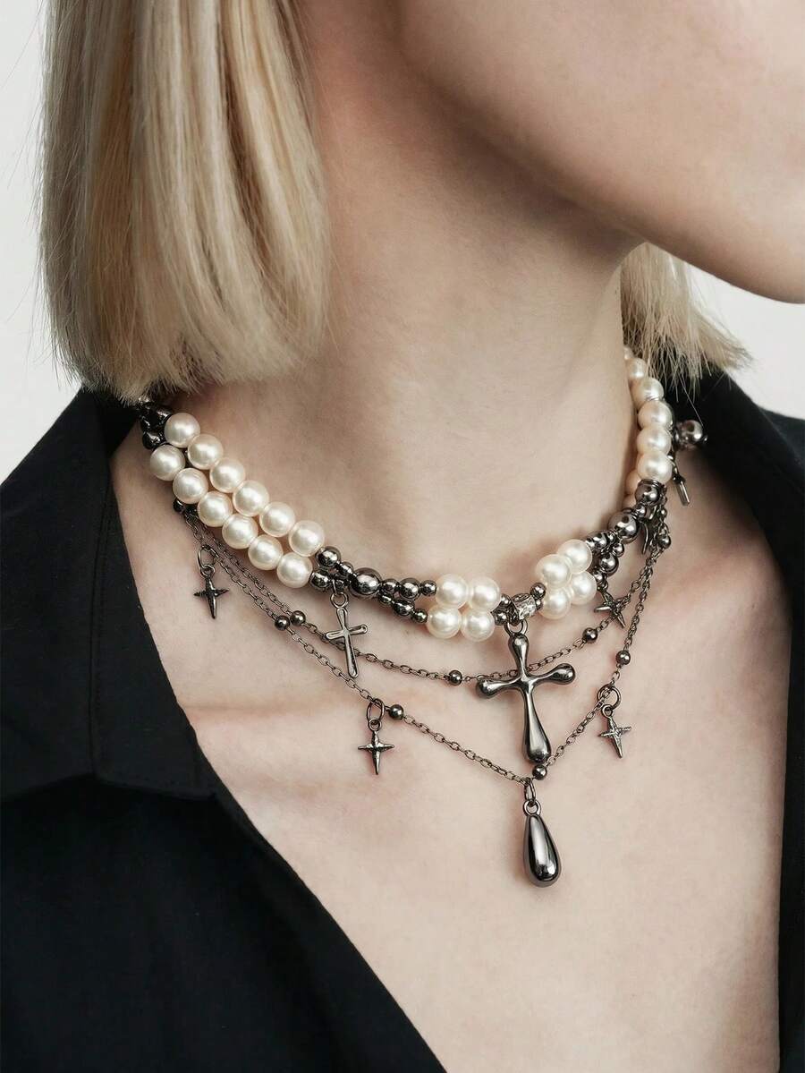 MortiRose A Fashionable Light Luxury Versatile Casual Goth Punk Spice Girl Design Feeling Water Drop Cross Multi-Layer Necklace - Gun Black - View 1