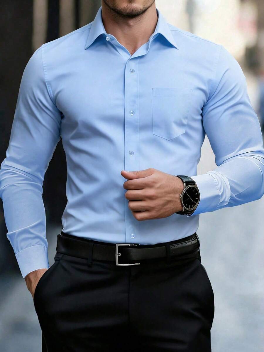 Manfinity Mode Men's Casual Simple Business Front Button Pocket Long Sleeve Shirt, Autumn, Formal, Ceremony - Blue - View 1