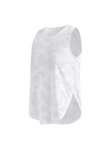 SHEIN Cheerettes 女款休閒極簡提花圓領運動背心，適合跑步與健身，白色迷彩針織無袖網眼效果透氣背心 - 白色 - 查看 6