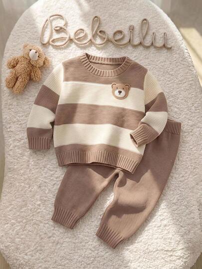 Baby Boy Autumn/Winter Cute Casual Cartoon Pattern Striped Long Sleeve Sweater & Elastic Waist Long Pants 2-Piece Set