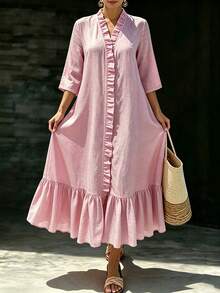 SHEIN LUNE CURVE Plus Size Women's Commute, Casual, Elegant 3/4 Sleeve Ruffle Trim Long Dress, Loose Fit, Crinkle Fabric, Pink, Suitable For Spring/Summer, Easter, Elegant Summer Holiday Outfit - Pink - View 4