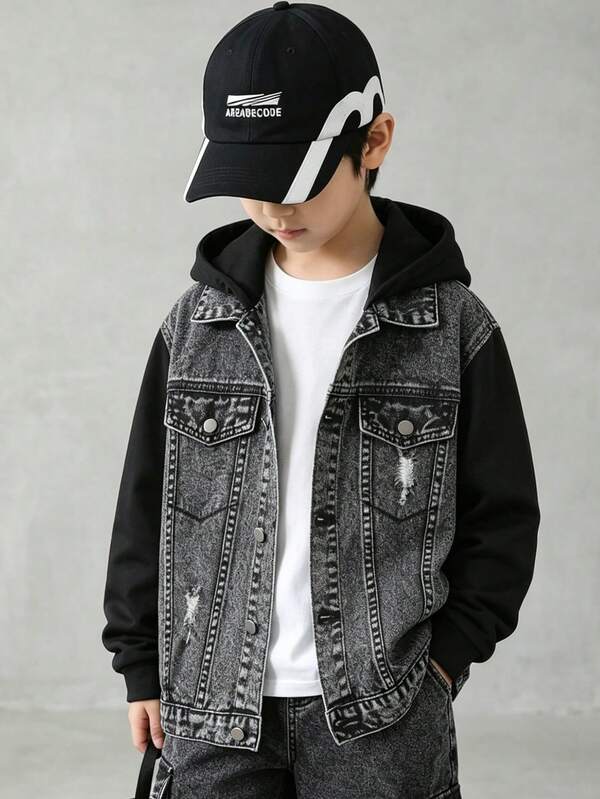 SHEIN Explorewe Denimly Boys Casual Daily Urban Street Sweatshirt Fabric Patchwork Design Detachable Hood Minimalist Comfortable Washed Denim Jacket