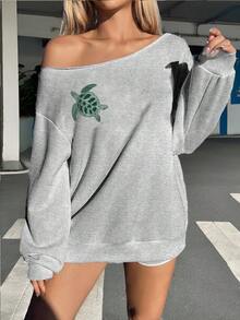 SHEIN EZwear 淺灰色女款露肩寬鬆休閒長袖衛衣，海龜印花圖案 - 淺灰色 - 查看 6