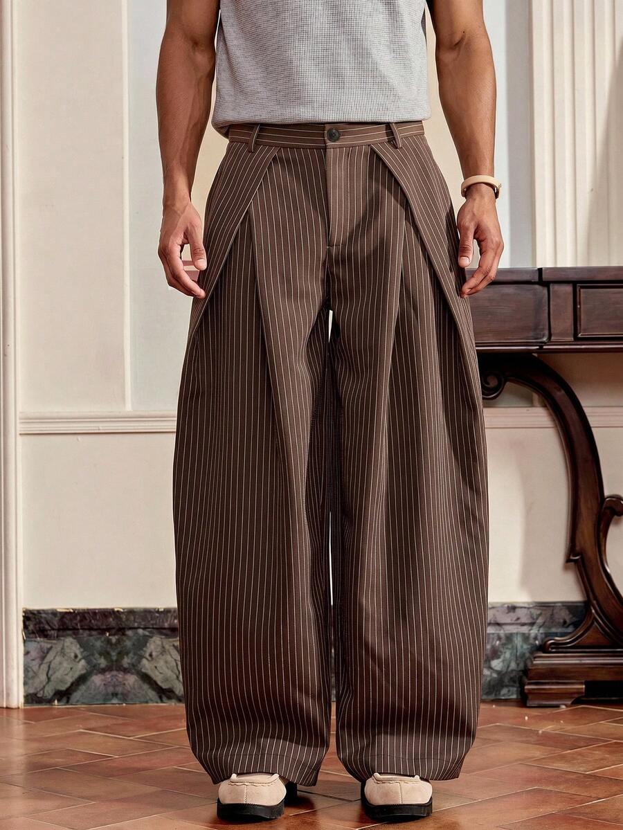 SWAVVY Men's Striped Pocket Pleated Design Wide Leg Loose Fit Long Pants - Brown - View 1