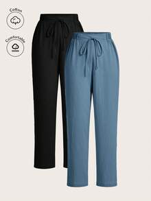 SHEIN PETITE CURVE Setelan 2 Potong Gaya Prancis Ukuran Besar, Celana Linen Kasual dengan Pinggang Elastis, Nyaman dan Serbaguna, Cocok untuk Pakaian Sehari-hari, Liburan, dan Perjalanan Musim Gugur - MultiWarna - View 9