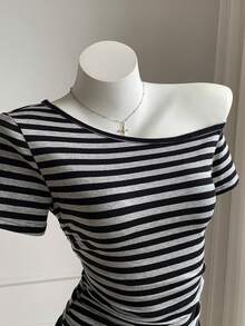 Comfortcana Women's Striped Asymmetric Neck Casual Versatile Daily Wear T-Shirt - Dark Grey - View 4