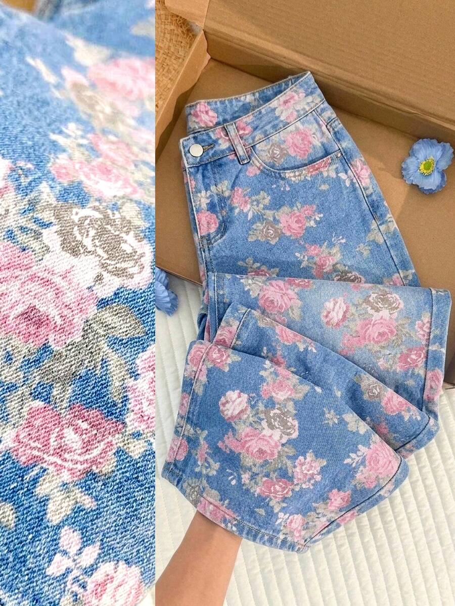 SHEIN MOD 女款休閒百搭日常旅行牛仔褲，附口袋鈕扣與花卉圖案