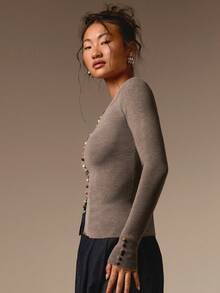 COSMINA Women's Casual Elegant Agate Button Light Brown Knit Top - Coffee Brown - View 6