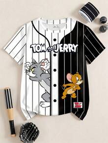 TOM & JERRY X SHEIN Camiseta de manga corta con bloques de color a rayas y estampado de dibujos animados para niño preadolescente - Blanco - Ver 1