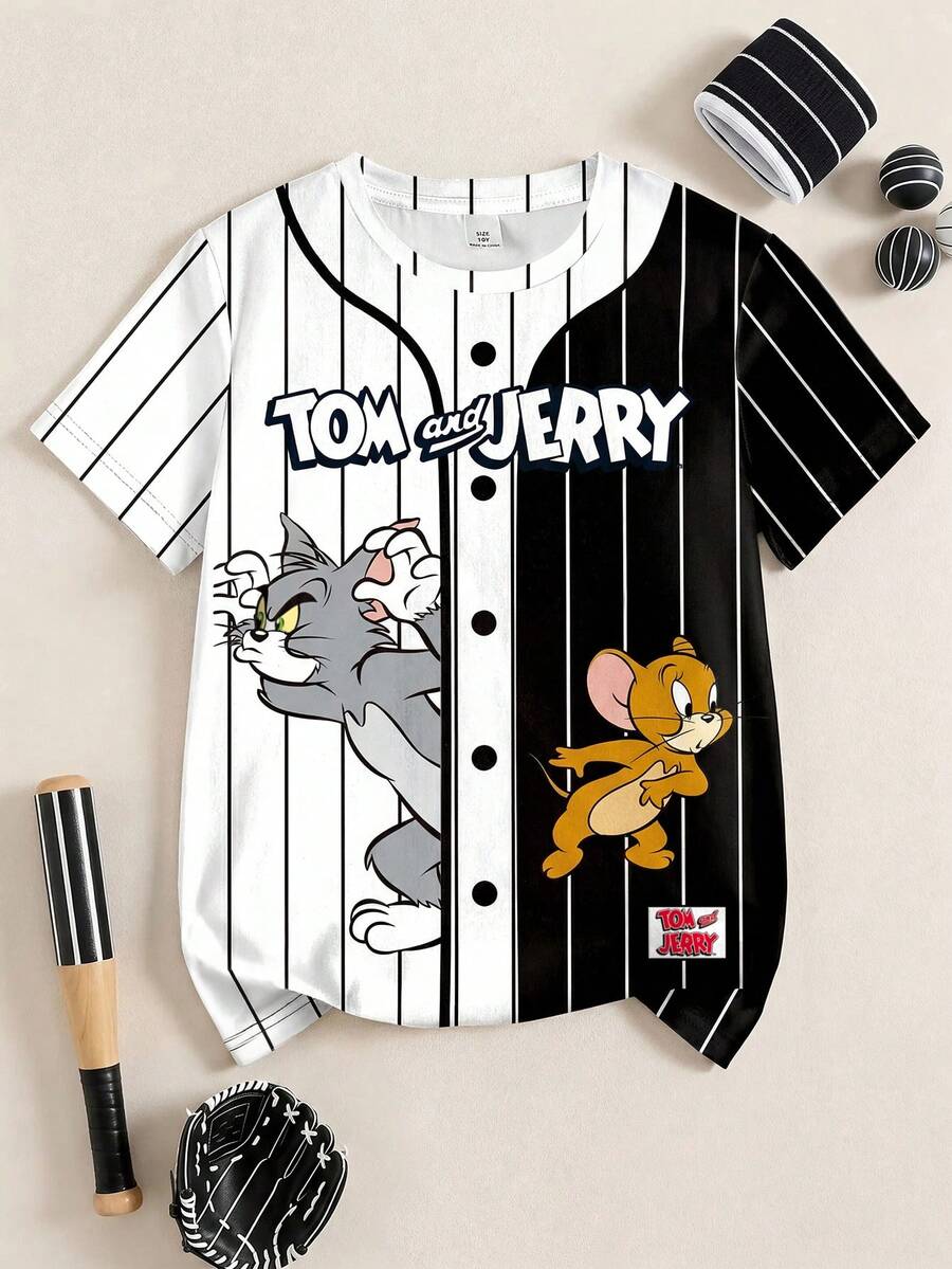 TOM & JERRY X SHEIN Camiseta de manga corta con bloques de color a rayas y estampado de dibujos animados para niño preadolescente - Blanco - Ver 1