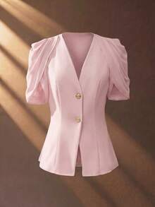 SHEIN Elenzya Women's Elegant Romantic Tailored Blazer With V-Neck, Pleated And Cinched Waist - Dusty Pink - View 7