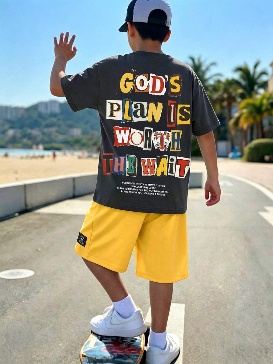 Fantacosmos 2pcs Boys' Colorblock Short Sleeve Tee And Dark Grey Butter Yellow Shorts Set, Spring/Summer, "Child Of God" Slogan Print Casual Athletic Holiday - Multicolor - View 1