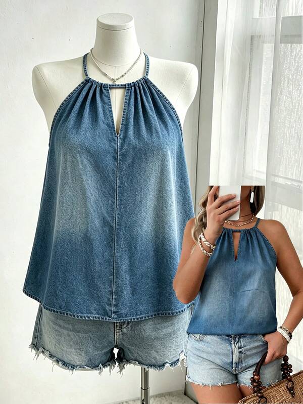 SHEIN LUNE CURVE Canotta da donna taglie forti, nuova moda, in finto denim, con spalline sottili, casual, ampia, snellente, copri fianchi, sexy
