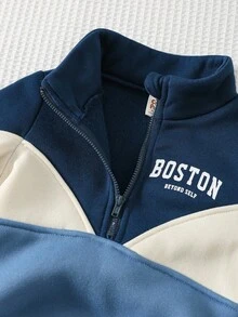 Kids Young Boy Casual Letter Print Colorblock Long Sleeve Sweatshirt And Sweatpants Set Back-To-School Winter Vacation Comfortable Cute Street - Royal Blue - View 4