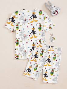 LOONEY TUNES X SHEIN 小男孩圓領短袖上衣與短褲家居服 - 白色 - 查看 2