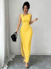 SHEIN Elenzya 夏季新款優雅不對稱設計抓皺收腰長版貼身洋裝，附金色裝飾扣，女款 - 黃色 - 查看 8