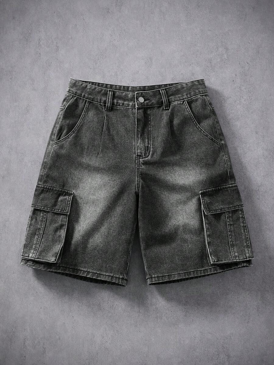 Manfinity Denimwave 男士休閒日常牛仔工裝短褲,附口袋與鈕扣設計 - 淺灰色 - 查看 1