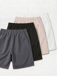 SHEIN 4pcs Kids Young Boy Casual Daily Versatile Comfortable Blue Khaki Black Orange Solid Color Woven Shorts With Patch Label And Drawstring Waist, Multi-Pack, Suitable For Commuting, School, Daily Casual, Vacation, Travel, Sports, Spring, Summer, Fall, Winter - Multicolor - View 2