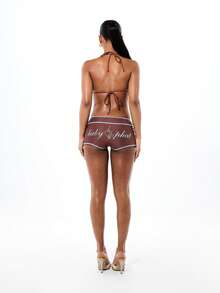 BABYPHAT Triangle Bikini Top With Contrast Coverstitch Trim And Halter Tie Neck Logo Detail Summer Beach - Chocolate Brown - View 7
