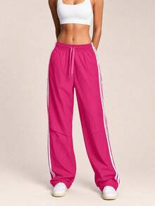 SHEIN BAE Women's Casual Daily Striped Drawstring Waist Sports Pants - Pink - View 5