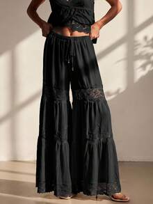 Willow Rêve Lightweight Thin Lace Patchwork Hollow Out Long Pants With Drape Heavy Workmanship . Vacation - Black - View 5