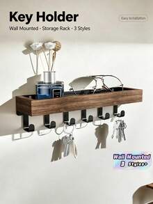 1 Set Wall Mounted Key Holder With Wood Tray And 6 Hooks, Key Racks, Key Hangers Home Decor Key Rack Mail Organizer For Hallway, Bedroom, Mudroom, Office(Christmas) Room Decor - Multicolor - View 2
