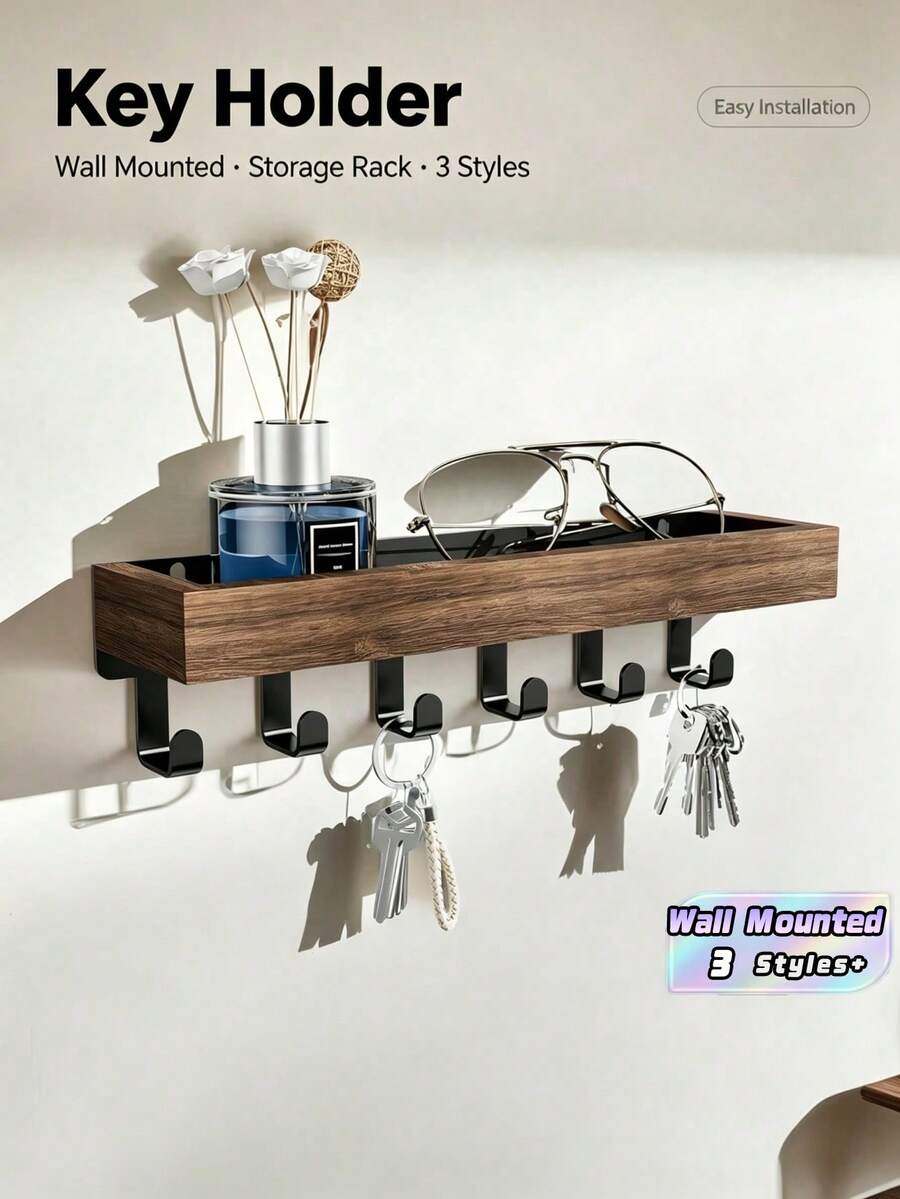 1 Set Wall Mounted Key Holder With Wood Tray And 6 Hooks, Key Racks, Key Hangers Home Decor Key Rack Mail Organizer For Hallway, Bedroom, Mudroom, Office(Christmas) Room Decor