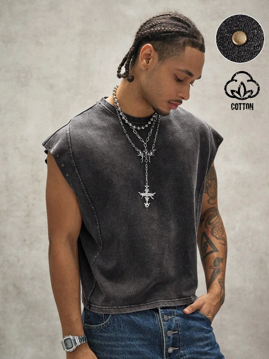 PAVTROS Men's Summer Casual Fashion Street Style Western Cowboy Vacation Style Rivet Decor Washed Loose Tank Top - Black - View 1