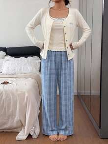 DAZY 3pcs Set Women's Pajama Set With Camisole, Short Jacket And Plaid Straight Leg Long Pants Fall - White - View 4