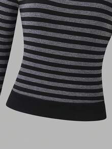 Tween Girl Fall Tops Fall Striped 2 In 1 Halter Neck Long Sleeve Top, Cold Shoulder Design With Atmospheric Vibe, Autumn - Black - View 5