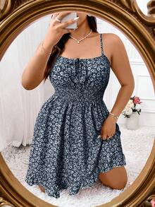 Elenzga Plus Ditsy Floral Print Tie Front Ruffle Hem Cami Dress Vacation Beach Outfits Women - Navy Blue - View 6