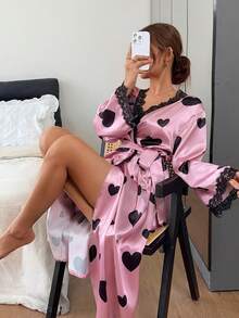 Napfluff Jubah Lengan Panjang Berenda Motif Hati dengan Ikat Pinggang - Coral Pink - View 1