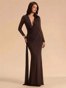 SHEIN BAE Women's Elegant Sexy Solid Color Ruched Mermaid Dress - Brown - View 4