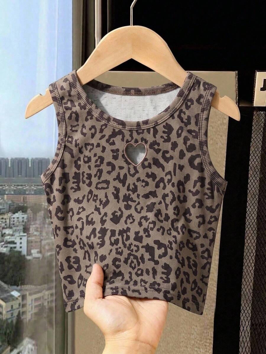 SHEIN 少女夏季鏤空愛心刺繡時尚休閒無袖上衣,舒適百搭豹紋背心 - 彩色 - 查看 1